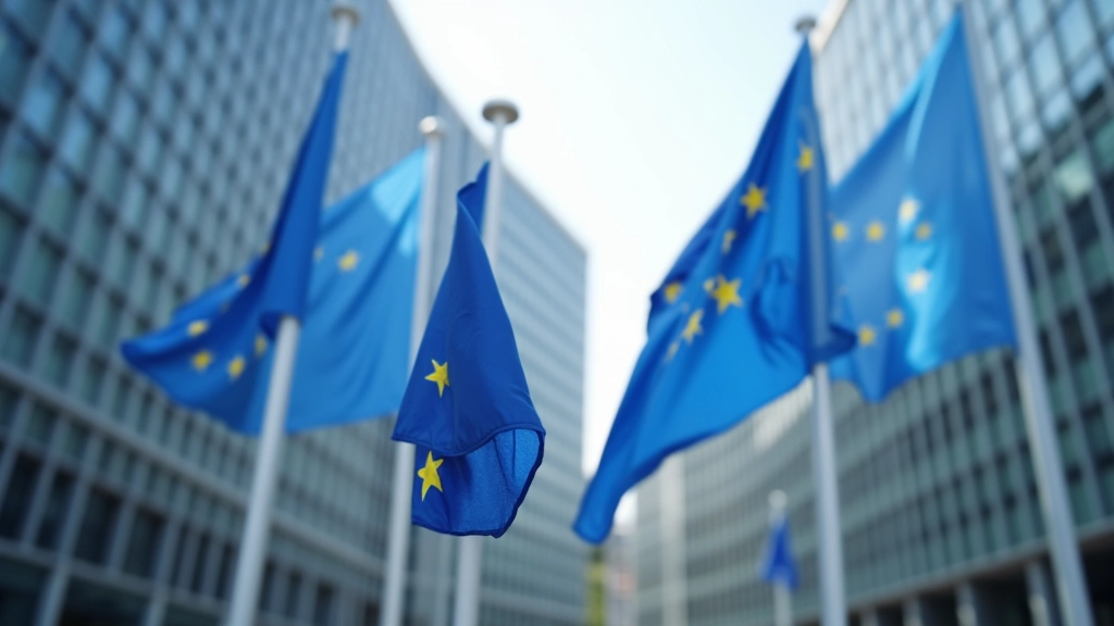 EU-Rathaus mit Flaggen und modernen Gebäuden, Brüssel, Tageslicht, Weitwinkel, verschwommener Hintergrund